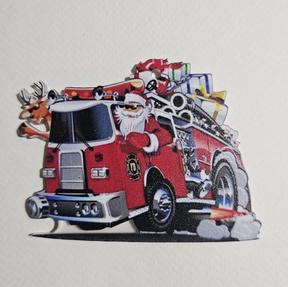 Sant & Raindeer Firetruck Christmas Ornament